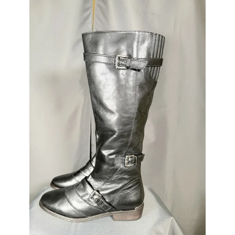 COACH Micha Black Leather Riding Boots Knee High Buckle Straps Size 8 B EUC